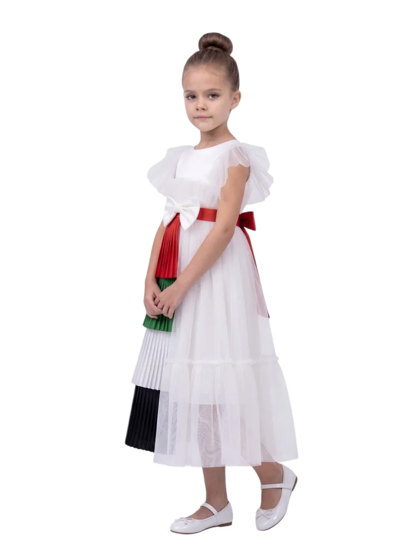 Bidani Girls 2-in-1 UAE National Day Butterfly Sleeve Tulle Dress with Detachable Flag Skirt Panel