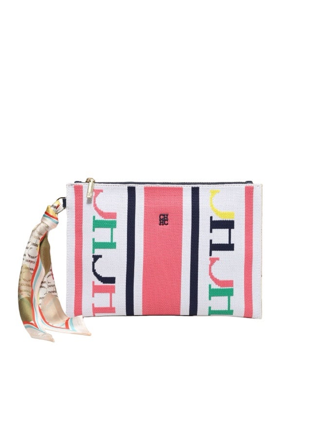 CAROLINA HERRERA Women's Rectangular Canvas Clutch - Zipper Closure, Wrist Strap & Scarf Accent for Business & Evening Events