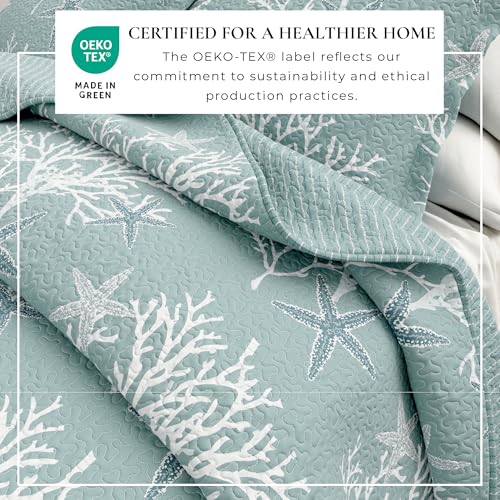 Great Bay Home King Coastal Quilt Bedding Set, Summer Coastal Quilt with Shams, Beach 3-Piece Reversible All Season Bedspread Quilt Set. Lightweight Nautical Quilted Coverlet. Fenwick Collection, Ether Blue. - Image 3