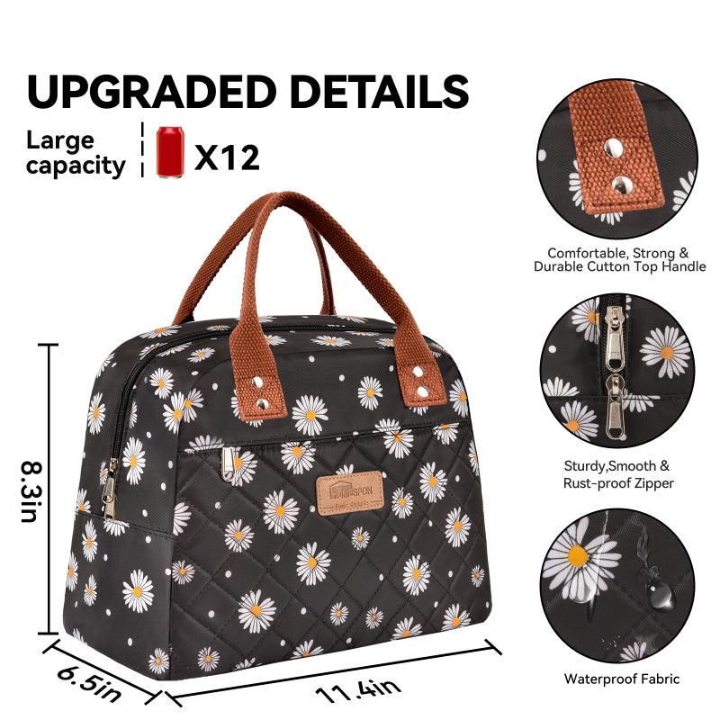 HOMESPON Insulated Lunch Bag for Women Men Adults Lunch Tote with Front Pocket Lunch Box Container Cooler Bag for Work Picnic (Black Daisy) - Image 5