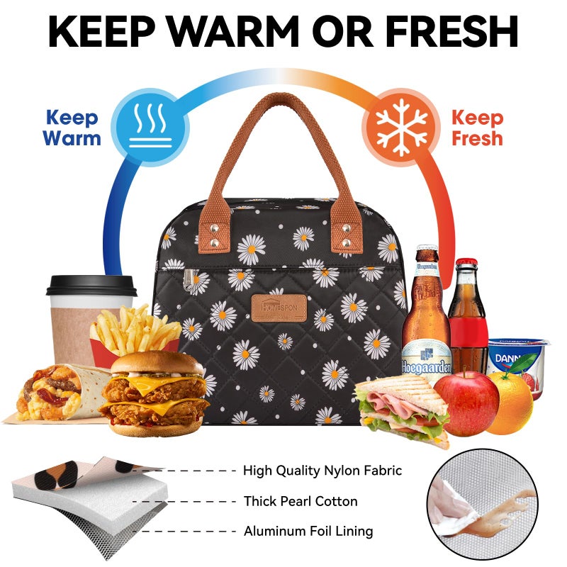 HOMESPON Insulated Lunch Bag for Women Men Adults Lunch Tote with Front Pocket Lunch Box Container Cooler Bag for Work Picnic (Black Daisy) - Image 4