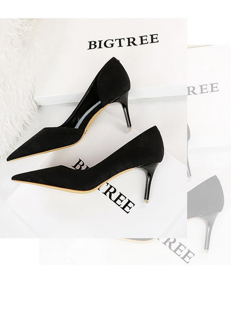 BIGTREE 7.5cm European And American Fashion Slimming Side Hollow-Out Heels With Thin Cloth Shallow Mouth Pointed Black  - Image 2