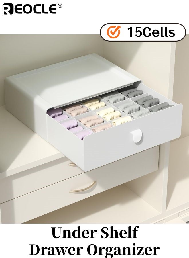 ريوكل منظم درج تحت الرف 15 خلية صندوق تخزين بلاستيكي للملابس الداخلية والجوارب وحمالات الصدر والسراويل الداخلية والوجبات الخفيفة منظم خزانة قابل للتكديس للاستخدام المنزلي والمدرسي - Image 1