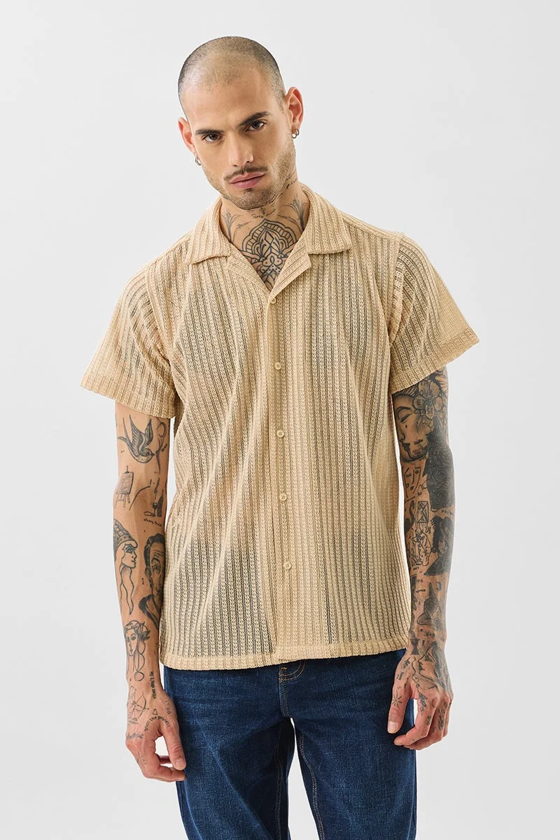 SNITCH Beige Self-Design Box Fit Crochet Shirt