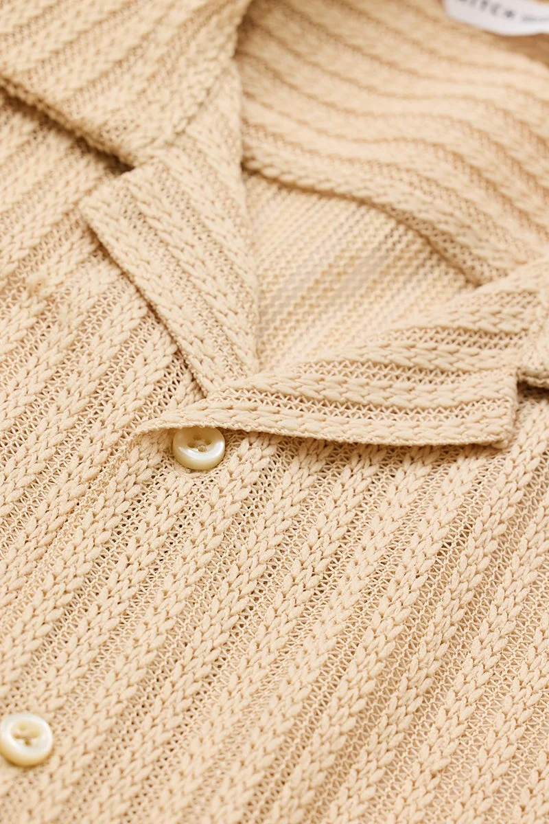 SNITCH Beige Self-Design Box Fit Crochet Shirt