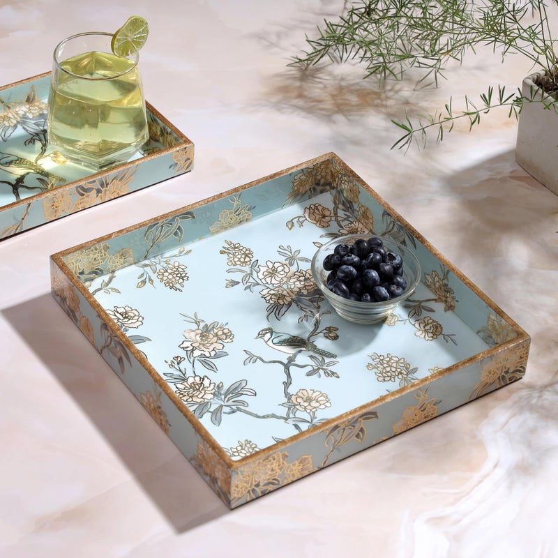 DULI Elegant 10x10 Square Serving Tray with Stylish Bird Print and Pastel Blue with Golden Embossing - MDF and Lacquered Finish (MCDTray: AquaGoldBirds) - Image 1