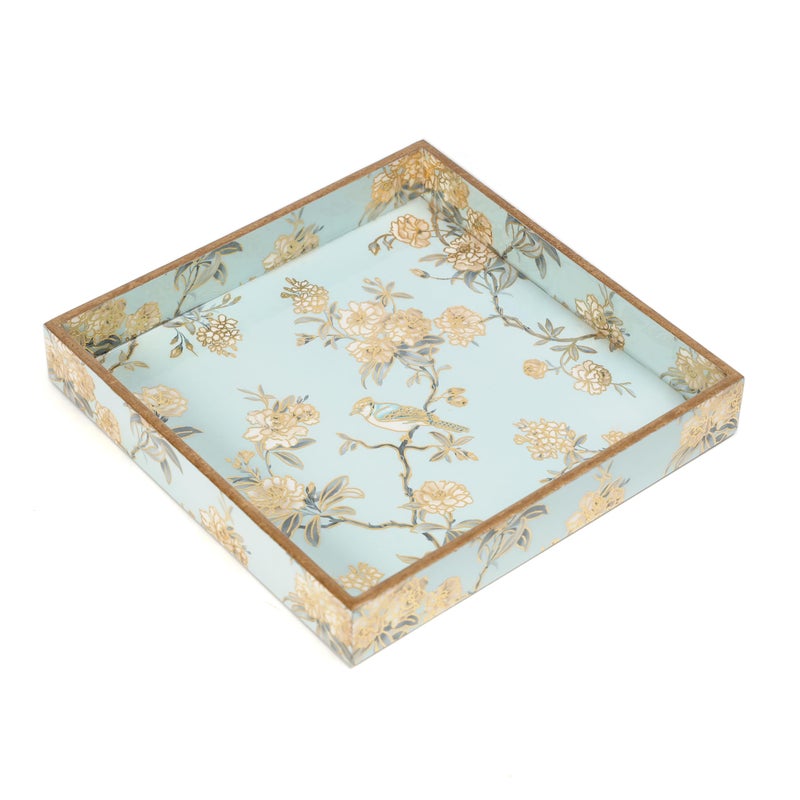 DULI Elegant 10x10 Square Serving Tray with Stylish Bird Print and Pastel Blue with Golden Embossing - MDF and Lacquered Finish (MCDTray: AquaGoldBirds) - Image 2