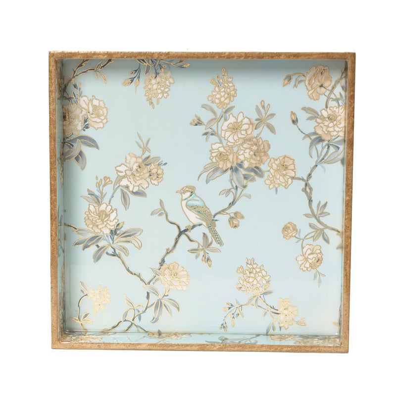 DULI Elegant 10x10 Square Serving Tray with Stylish Bird Print and Pastel Blue with Golden Embossing - MDF and Lacquered Finish (MCDTray: AquaGoldBirds) - Image 4