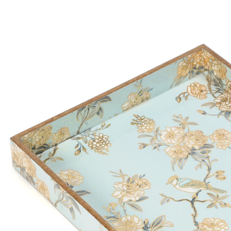 DULI Elegant 10x10 Square Serving Tray with Stylish Bird Print and Pastel Blue with Golden Embossing - MDF and Lacquered Finish (MCDTray: AquaGoldBirds) - Image 3