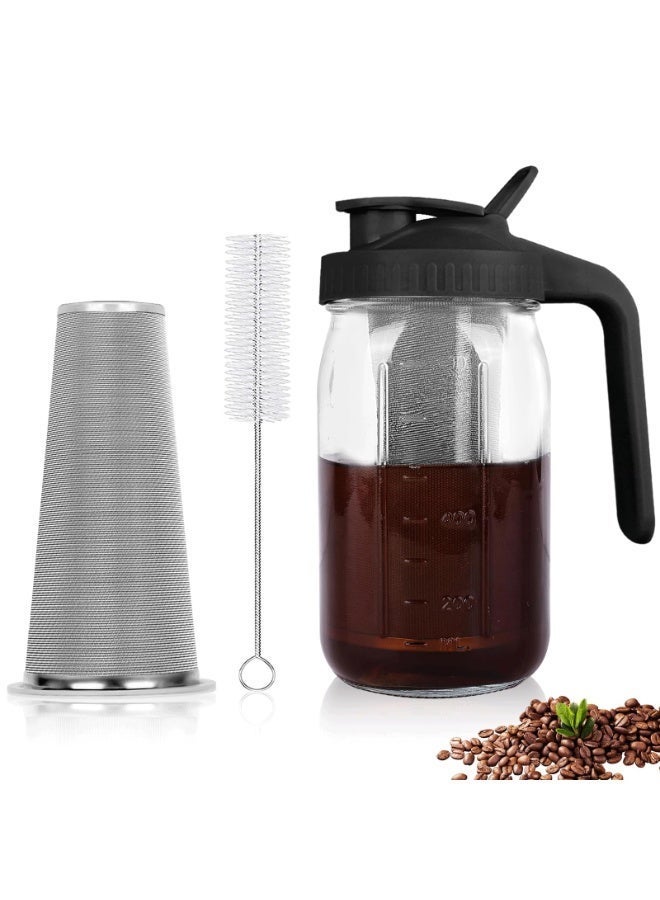jaexest 32oz Glass Cold Brew Coffee Pitcher, BPA Free Mason Jar Drink Container with 304 Stainless Steel Fine Mesh Filter, Leakproof Airtight Lid for Cold Coffee Iced Tea Lemonade Homemade Beverages - Image 1