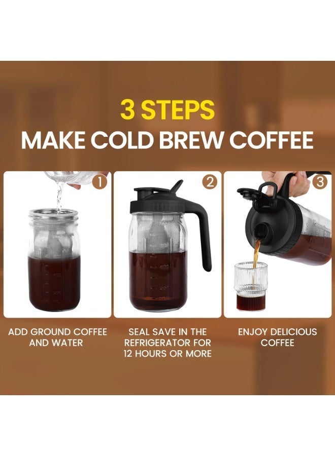 jaexest 32oz Glass Cold Brew Coffee Pitcher, BPA Free Mason Jar Drink Container with 304 Stainless Steel Fine Mesh Filter, Leakproof Airtight Lid for Cold Coffee Iced Tea Lemonade Homemade Beverages - Image 4