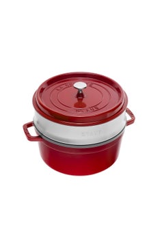 Staub Cast Iron 26cm Round Cocotte with Steamer Insert Cherry Red