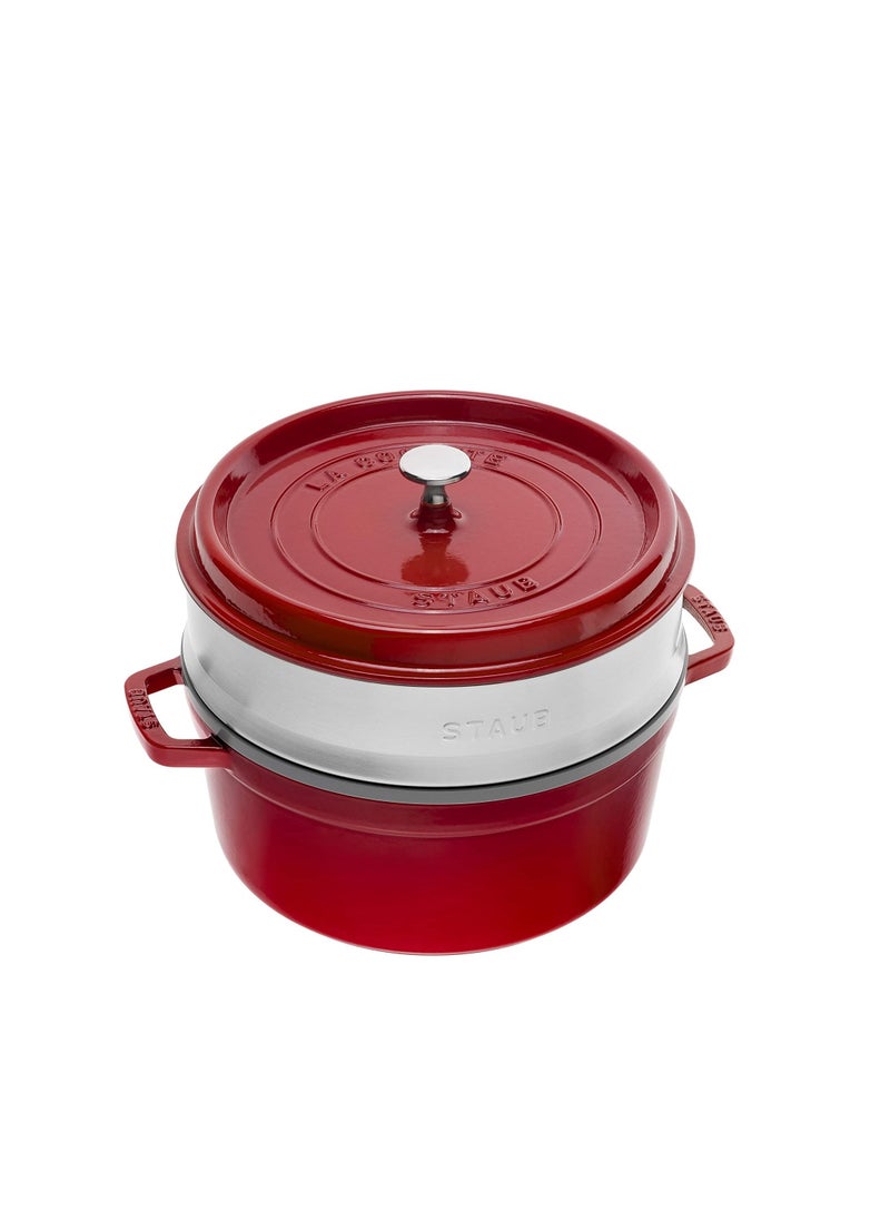 Le Creuset - Staub Cast Iron 26cm Round Cocotte with Steamer Insert Cherry Red - Image 1