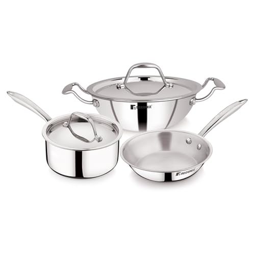 Bergner Argent Junior Chef Triply Stainless Steel Set of 18 cm/1.5 LTR Kadai with Lid, 18 cm Frypan and 12 cm/0.8 LTR Saucepan with Lid, Durable Handles, Induction Base and Gas Ready, 5-Year Warranty - Image 1