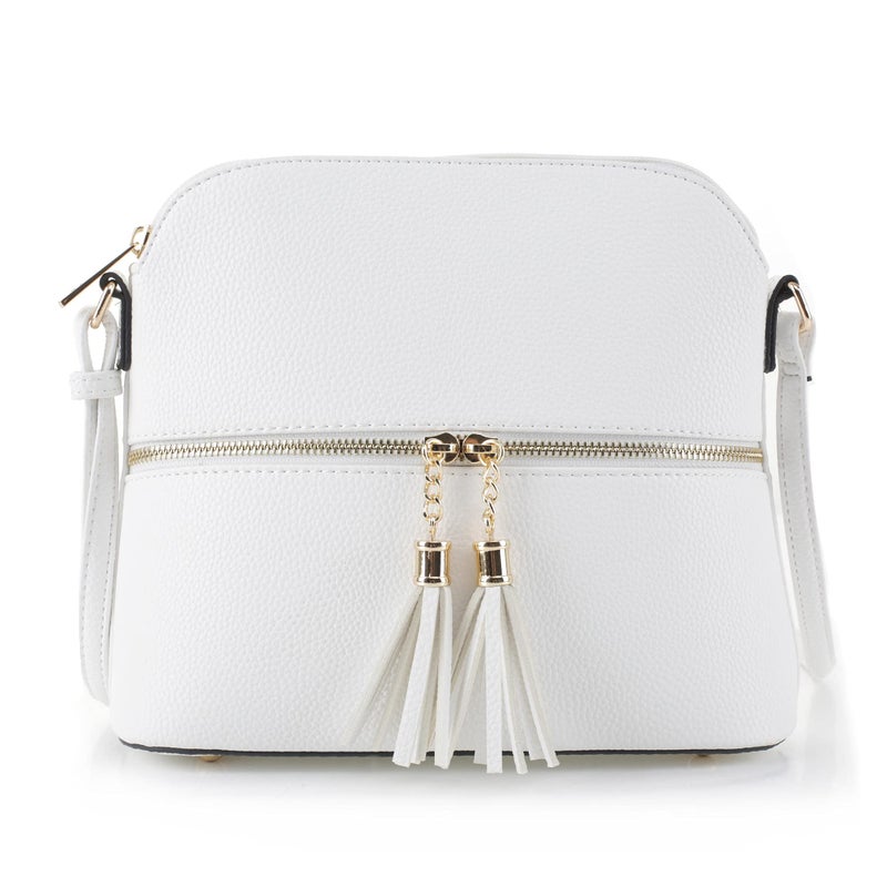 SG SUGU Lunar Lightweight Medium Dome Crossbody Bag Shoulder Bag with Double Tassels | Zipper Pocket | Adjustable Strap|White - Image 4