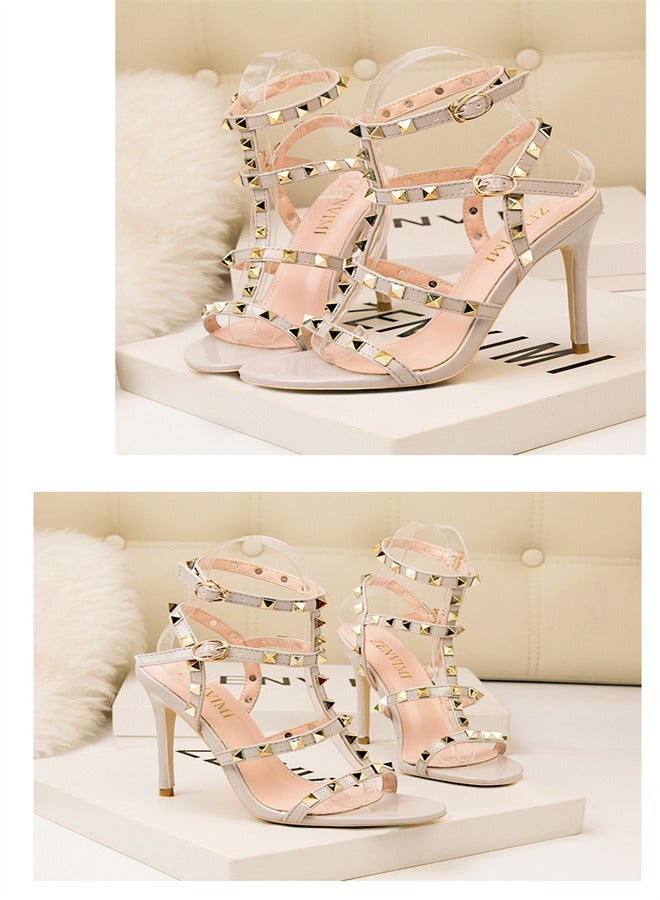 Eloshman 9.5cm Vintage Lacquer Leather Metal Rivet High Heel Sandals Grey - Image 2