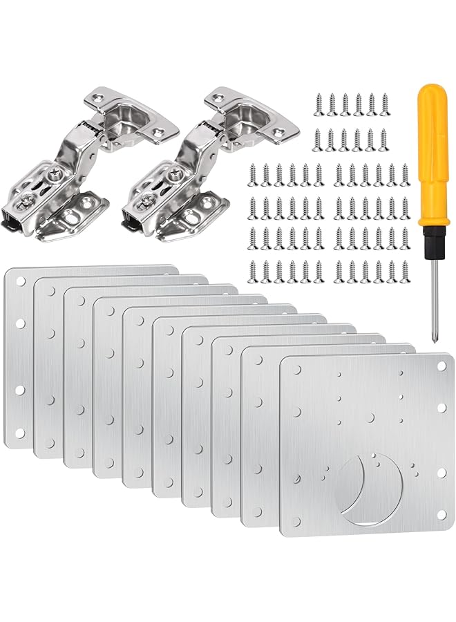 S-TOP 73Pcs 3.5Inch Cabinet Hinge Repair Plate Kit with Cabinet Hinges Soft Close Clip, Screw and Screwdriver, Stainless Steel Hinge Fixing Plate Bracket for Furniture and Kitchen Cabinet Door - Image 1
