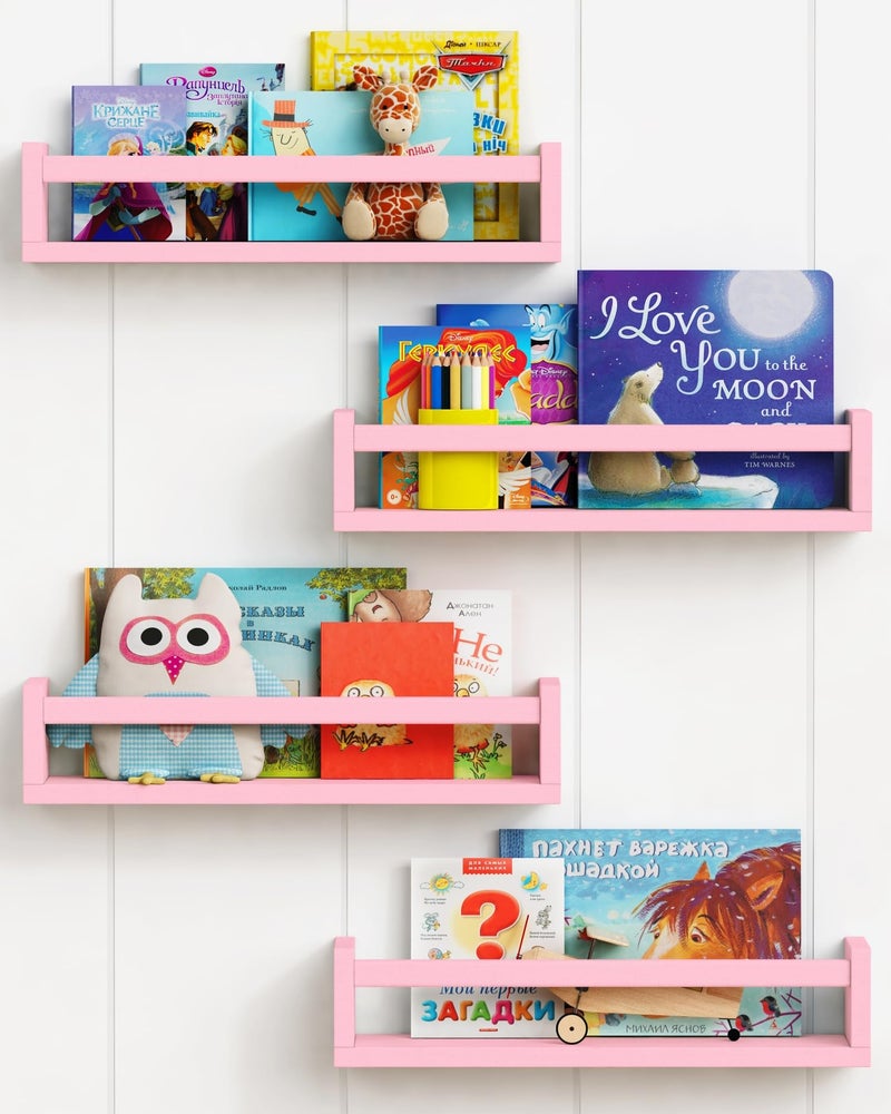 Forbena Pink Floating Shelves for Wall Aesthetic Wall Bookshelf for Girls Room Decor Wood Nursery Bookshelves for Toddler Kids Bedroom Book and Toy Storage Organizer Set of 4 Pink