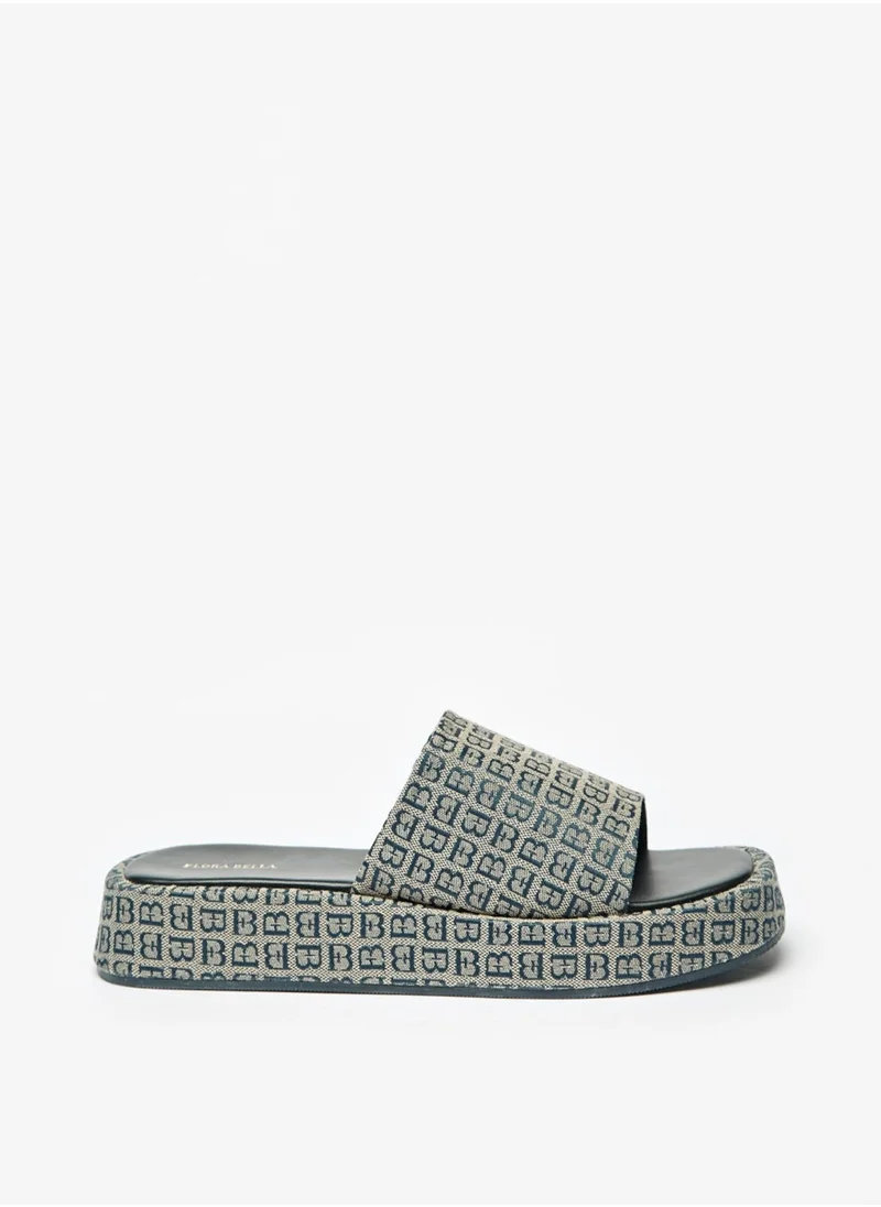 Flora Bella By Shoexpress Womens Monogram Print Slip On Slide Sandals With Chunky Sole By Shoexpress