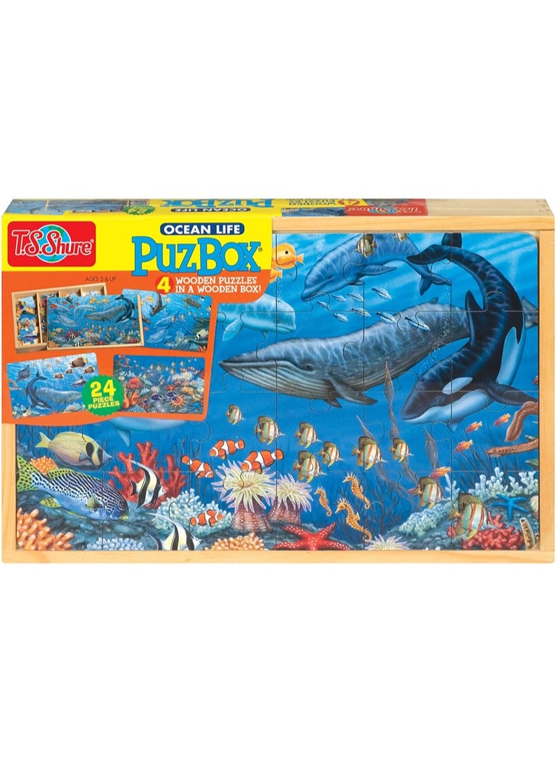 AGD Ocean Life Large 4 Puzzles in a Wooden Box - Image 1