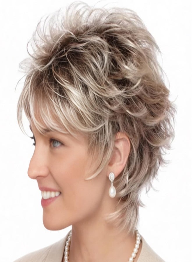 TISHINING Layered Short Blonde Pixie Wigs for White Women Dark Brown Ombre Blonde Pixie Cut Wig with Bangs Synthetic Natural Looking Daily Party Wig - Image 1