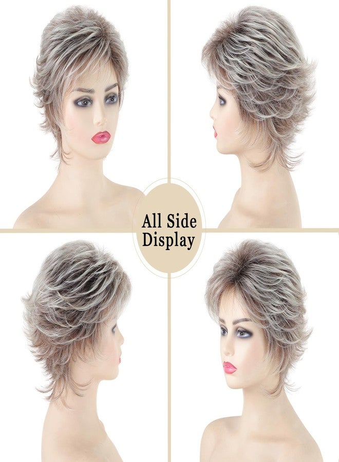 TISHINING Layered Short Blonde Pixie Wigs for White Women Dark Brown Ombre Blonde Pixie Cut Wig with Bangs Synthetic Natural Looking Daily Party Wig - Image 2