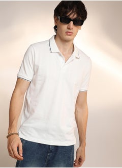 كامبوس سوترا Men's Chalk White Lined-Knit Polo T-Shirt  - Image 1