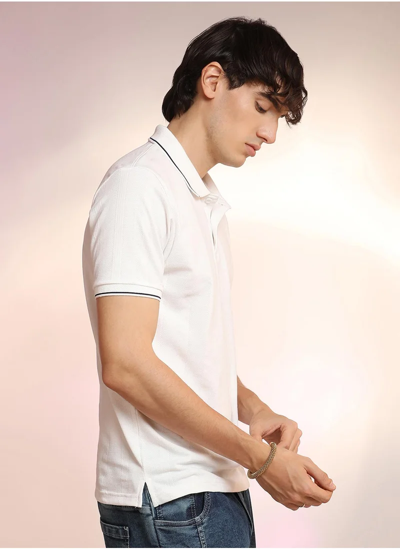 كامبوس سوترا Men's Chalk White Lined-Knit Polo T-Shirt