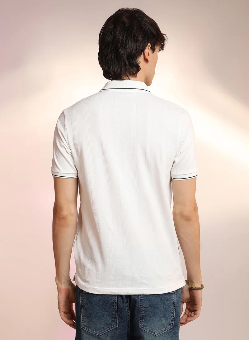 Campus Sutra Men's Chalk White Lined-Knit Polo T-Shirt