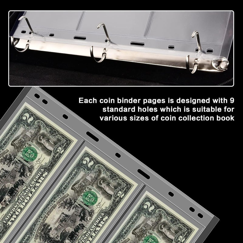 ANKHOH 12 Sheets Paper Money Collection Supplies Pages, Currency Collecting Book Album Sleeves, 36 Pocket Money Stamp Page Holders for Standard 9-Hole Coin Collector Binder, 3 Pockets/Sheet - Image 4