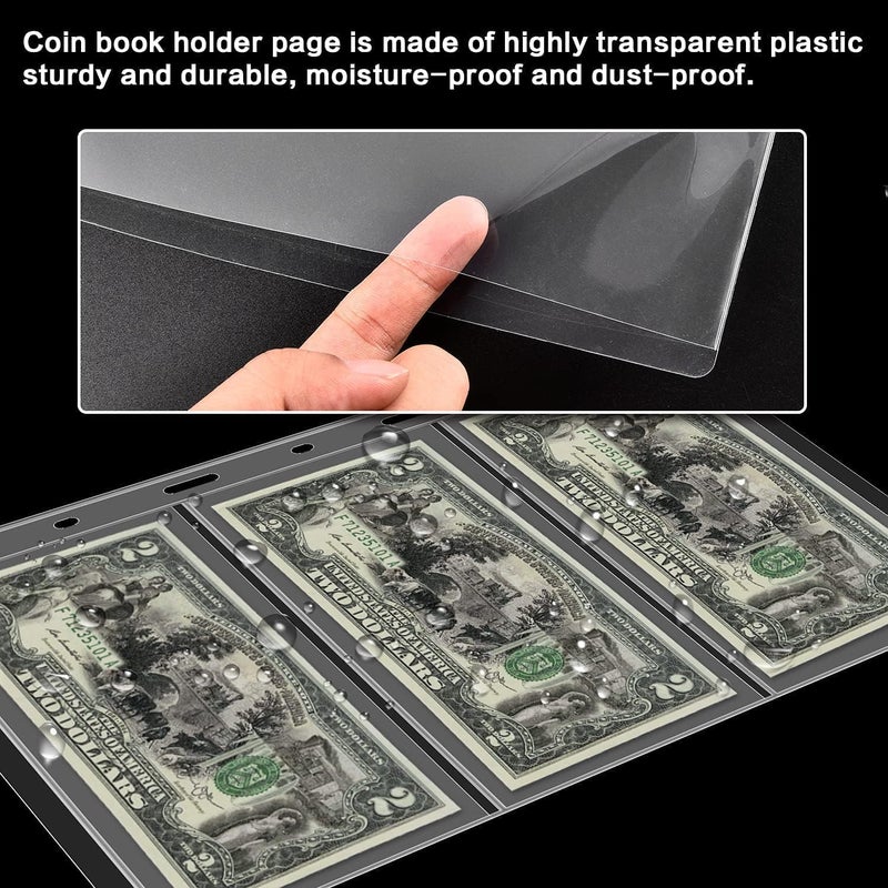 ANKHOH 12 Sheets Paper Money Collection Supplies Pages, Currency Collecting Book Album Sleeves, 36 Pocket Money Stamp Page Holders for Standard 9-Hole Coin Collector Binder, 3 Pockets/Sheet - Image 2