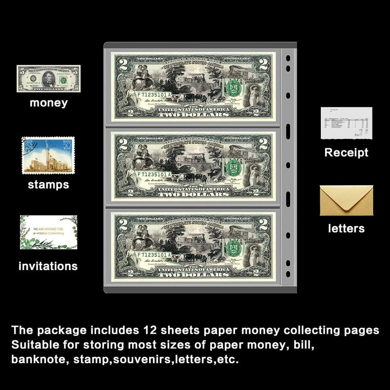 ANKHOH 12 Sheets Paper Money Collection Supplies Pages, Currency Collecting Book Album Sleeves, 36 Pocket Money Stamp Page Holders for Standard 9-Hole Coin Collector Binder, 3 Pockets/Sheet - Image 5