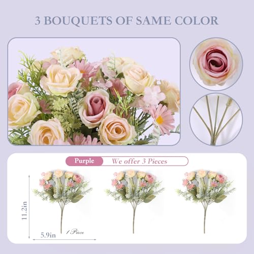 Cyblinia Artificial Flowers Fake Rose Bouquet 3 Pack Artificial Flowers Bouquet Plastic Flower Arrangements Wedding Decoration Table Centerpieces(Purple) - Image 2