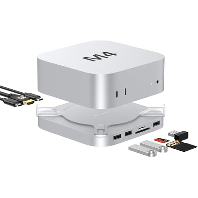 rayihni ماك ميني M4 دوك، 9 في 1 هاب كامل من الألمنيوم لماك ميني M4 مع حاوية SSD M.2 NVME، HDMI 4K60HZ، 10GBPS USB-A*2 وقارئ بطاقات SD/TF 4.0، ملحقات ماك ميني 2024 - Image 1