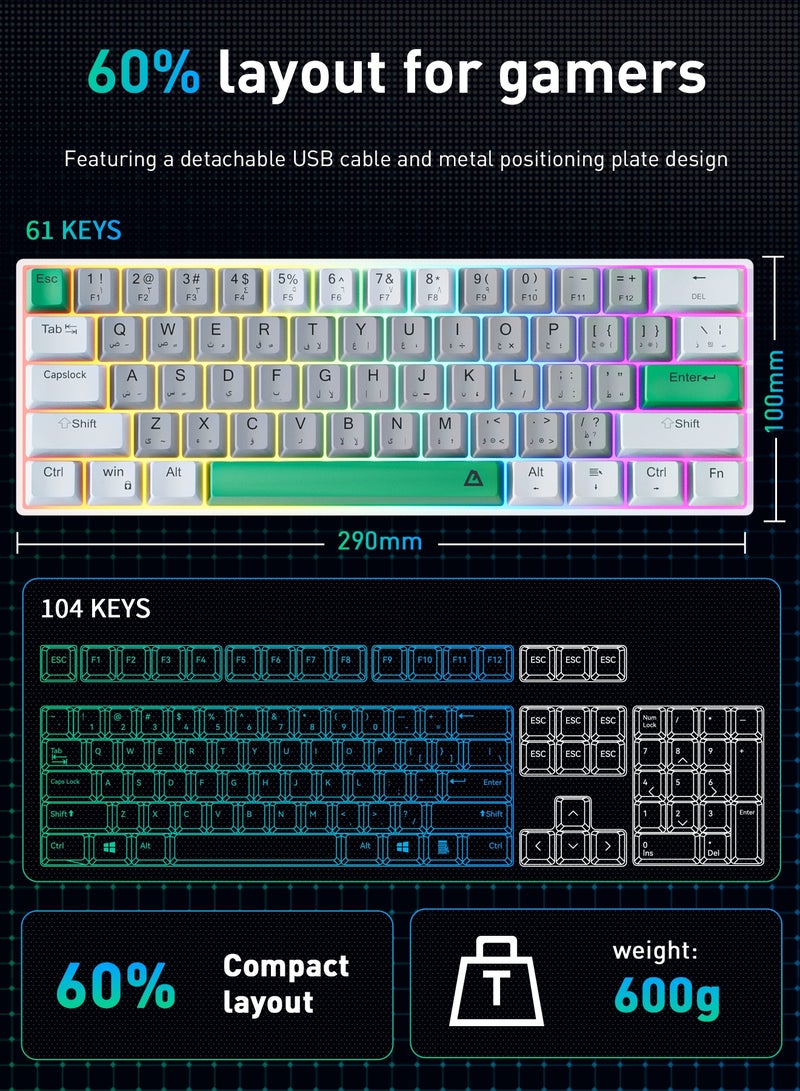 حياة الكثبان لوحة مفاتيح ألعاب ميكانيكية بـ 61 مفتاحًا - تدعم التبديل السريع للمفاتيح، إضاءة خلفية RGB بـ 16.8 مليون لون، تخطيط عربي/إنجليزي، تصميم مقاوم للماء ومضاد لظاهرة الضغطات الوهمية (مفاتيح حمراء)، تصميم مريح للغاية. - Image 5