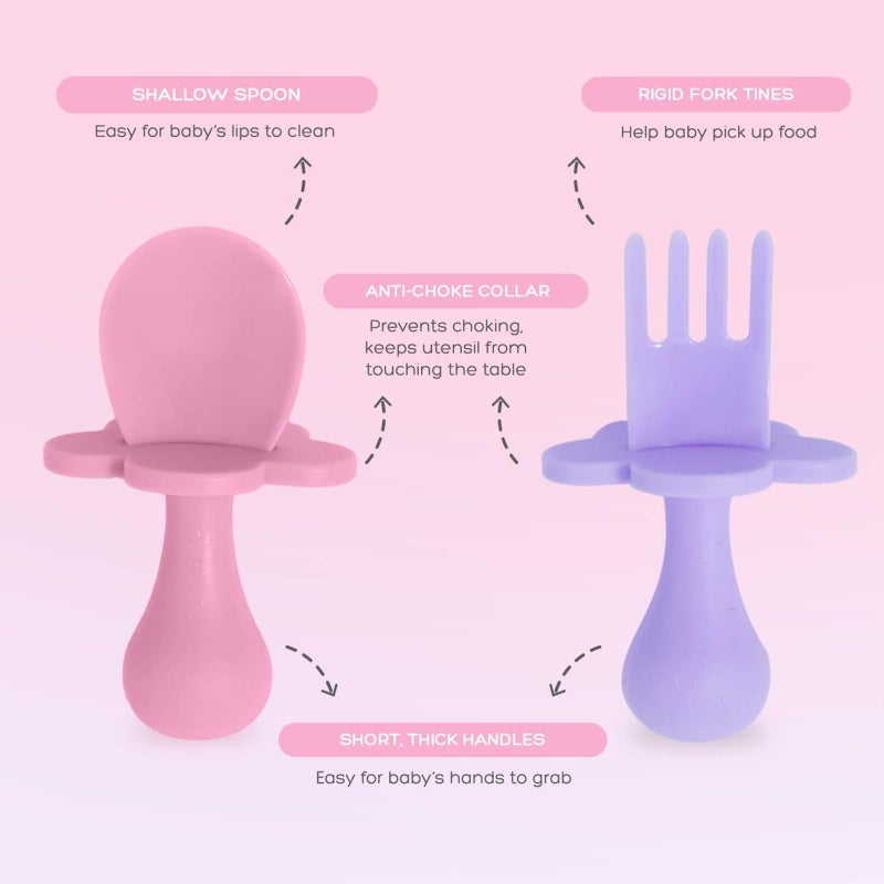 Grabease Baby Feeding Utensils Set - Infant and Baby Fork and Weaning Spoon for Ages 1-11 Months, BPAs and Phthalate-Free Cutlery, 2 Sets, Blush and Lavender - Image 5