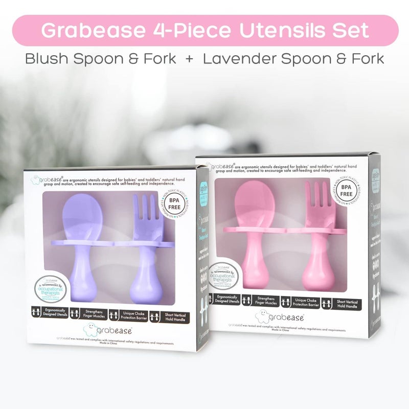 Grabease Baby Feeding Utensils Set - Infant and Baby Fork and Weaning Spoon for Ages 1-11 Months, BPAs and Phthalate-Free Cutlery, 2 Sets, Blush and Lavender - Image 2