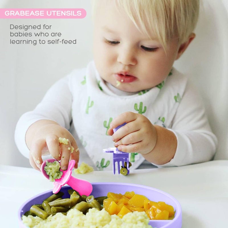 Grabease Baby Feeding Utensils Set - Infant and Baby Fork and Weaning Spoon for Ages 1-11 Months, BPAs and Phthalate-Free Cutlery, 2 Sets, Blush and Lavender - Image 3
