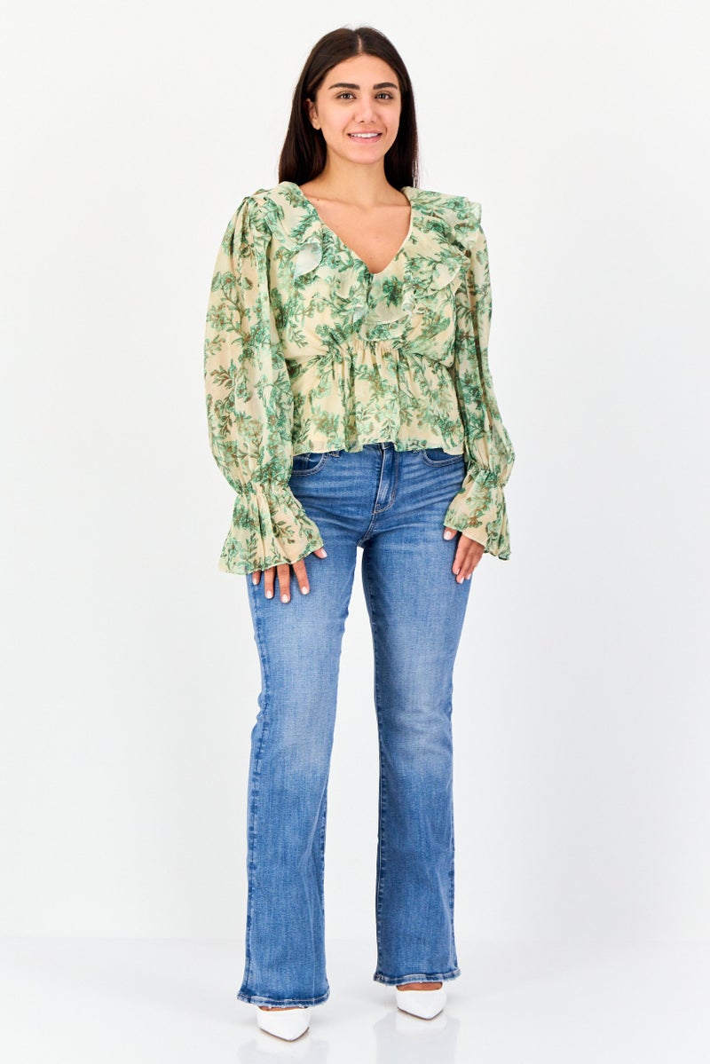 Archive Design Studio Women V Neck Long Sleeve Floral Print Top, Multicolor - Image 2