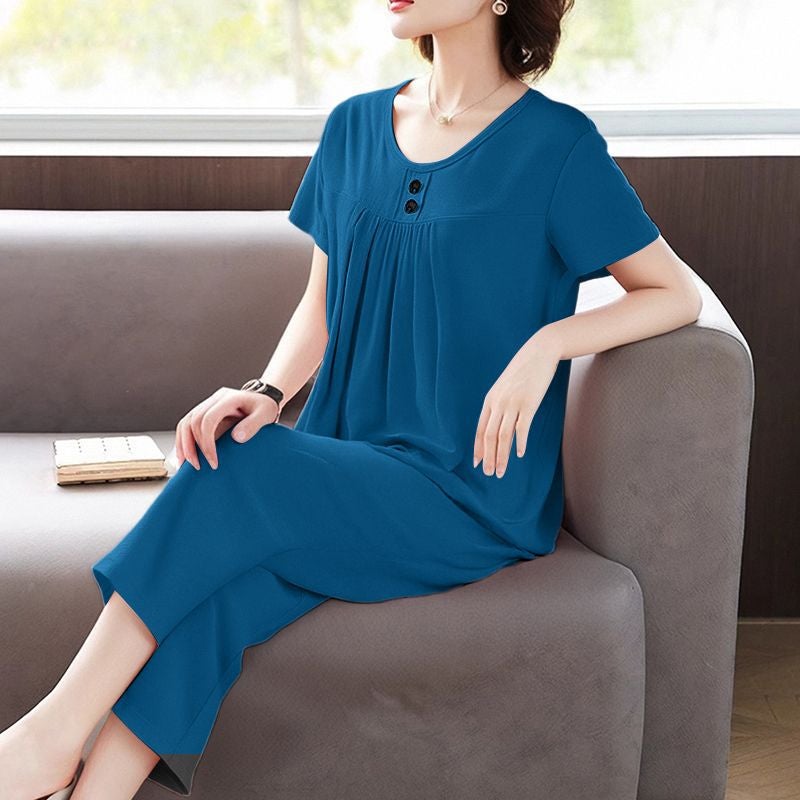 Plus-Size Women'S Clothing Hong Kong Style Casual Commuting Home Fashion Suit Short-Sleeved Cropped Pants Two-Piece - Image 5