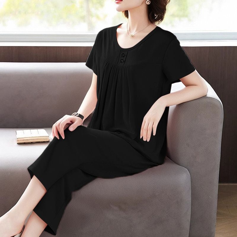 Plus-Size Women'S Clothing Hong Kong Style Casual Commuting Home Fashion Suit Short-Sleeved Cropped Pants Two-Piece - Image 3