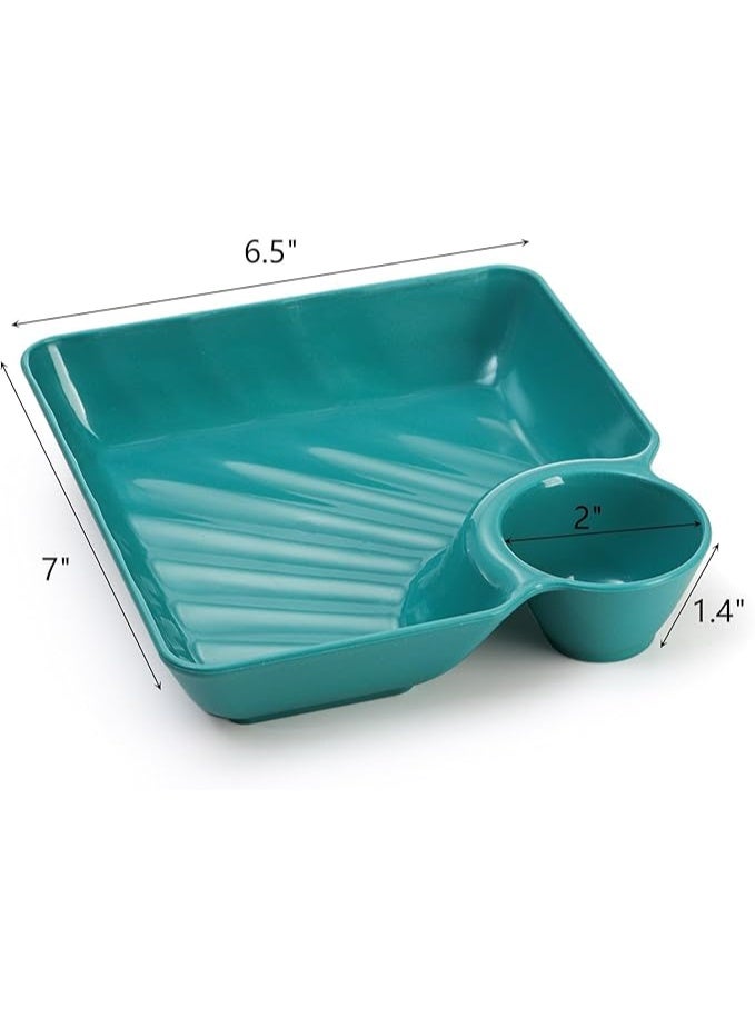 Chip Dip Serving Platter Set, Plastic Dumpling Plates with Sauce Compartment, Square Serving Dish Sushi Plates, Small Dip Tray for Appetizer, Taco Salsa, Fruit, Fries, Pack of 4, Multicolors - Image 2