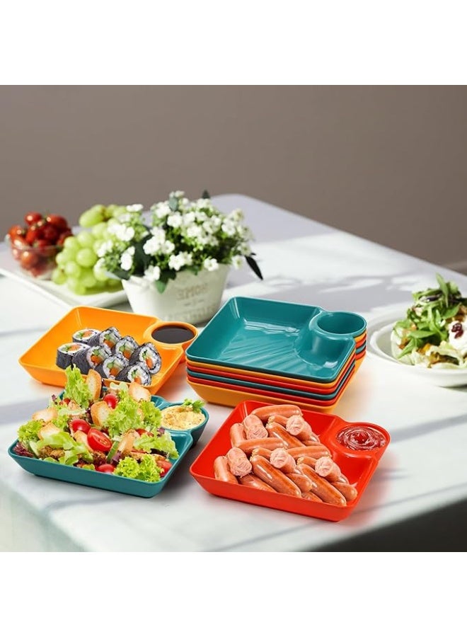 Chip Dip Serving Platter Set, Plastic Dumpling Plates with Sauce Compartment, Square Serving Dish Sushi Plates, Small Dip Tray for Appetizer, Taco Salsa, Fruit, Fries, Pack of 4, Multicolors - Image 1