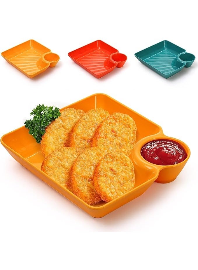 Chip Dip Serving Platter Set, Plastic Dumpling Plates with Sauce Compartment, Square Serving Dish Sushi Plates, Small Dip Tray for Appetizer, Taco Salsa, Fruit, Fries, Pack of 4, Multicolors - Image 4