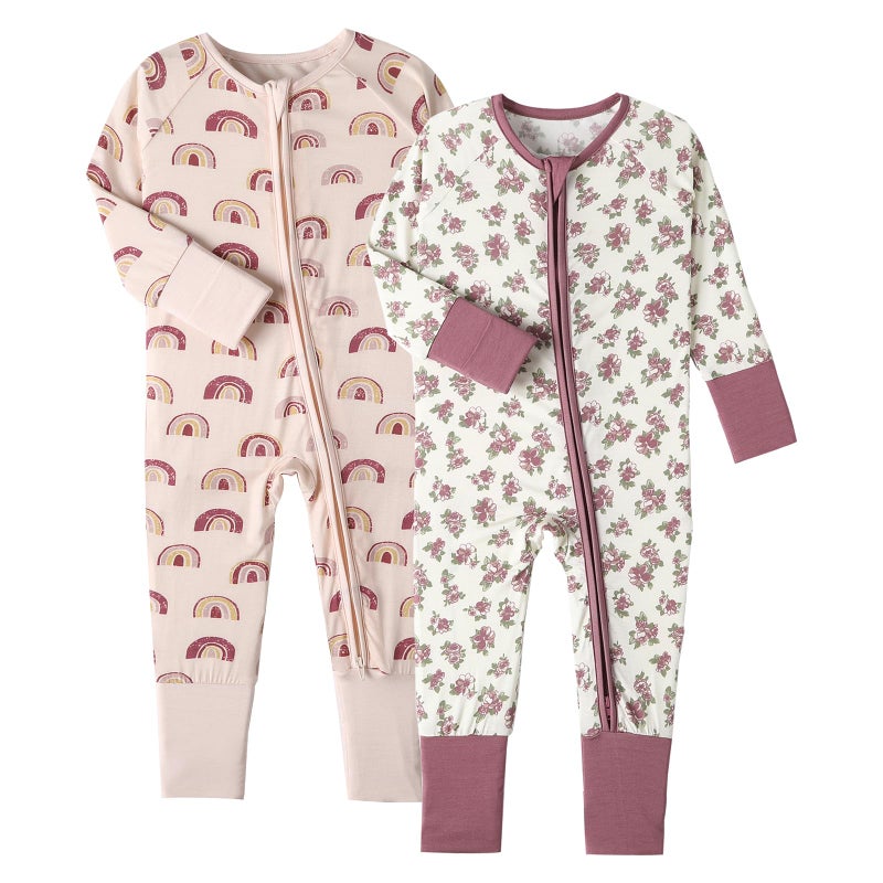 OPAWO Viscose from Bamboo Onsies for Baby Girls' One-Piece Rompers with 2 Way Zipper Mittens Cuff Infant Footless Sleep 'N Play 0-3 Month - Image 1