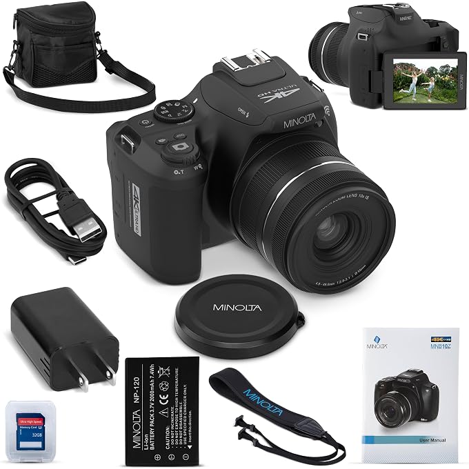 Minolta MNB10Z 64MP 4K Bridge Camera, 10X Optical Zoom, Flip LCD (Black) | Protects your camera gear with dedicated storage for cameras, lenses and everyday essentials. - Image 1