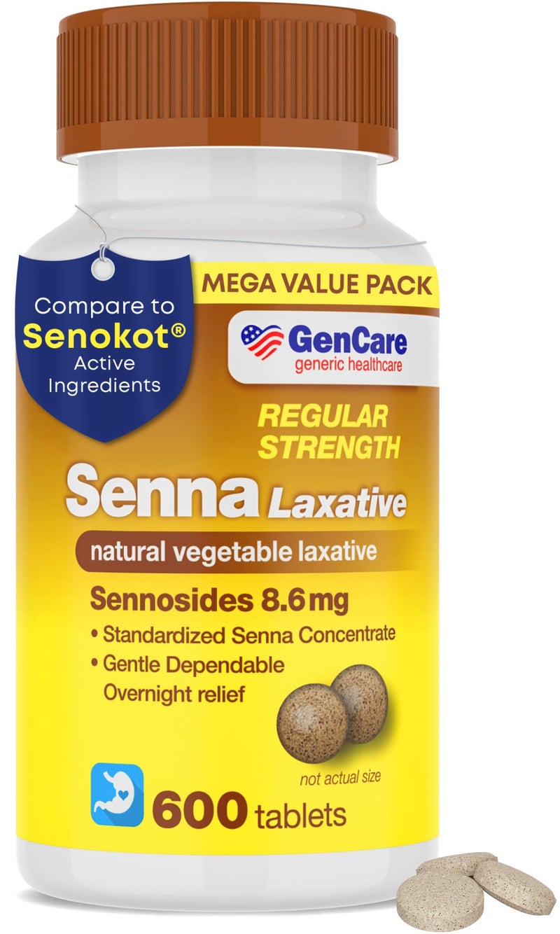 GenCare Senna Laxative 600 Tablets Senna 86mg Tablets with Natural Sennosides Laxatives for Constipation Bloating Gas Irregularity Relief Safe Effective Generic for Senokot