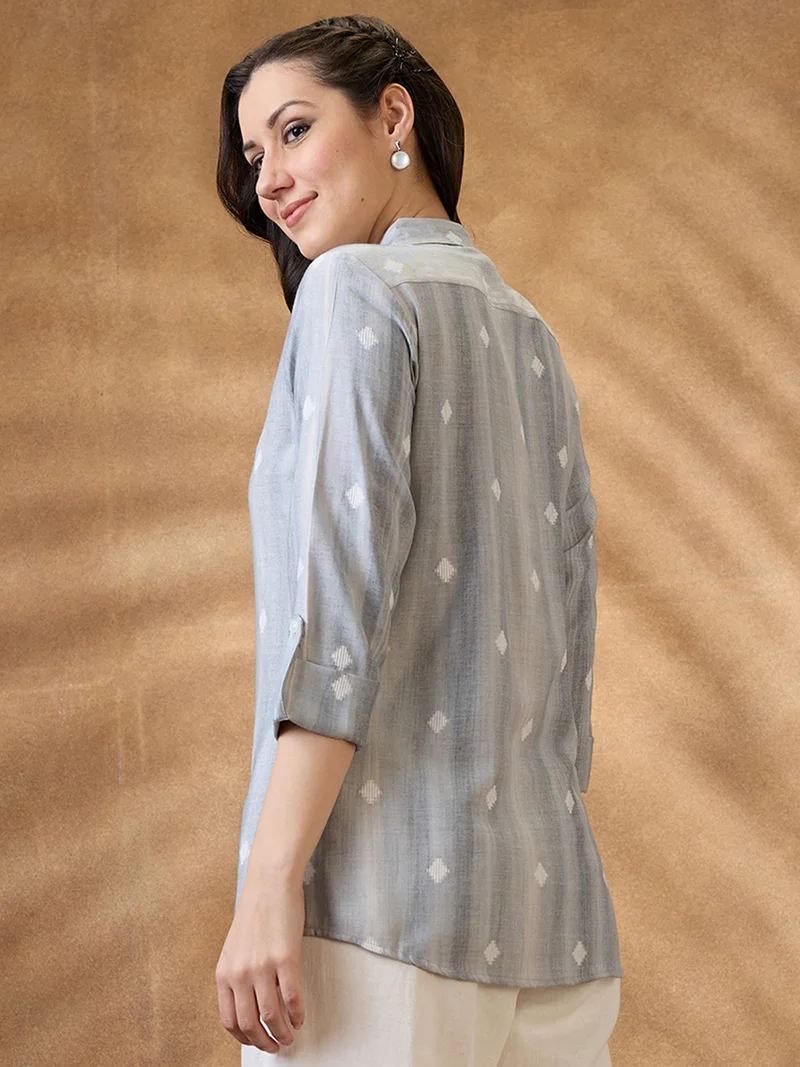 globus Women Grey Collar Neck Roll-Up Sleeves Geometric Woven Design Workwear Shirt Style Tunic