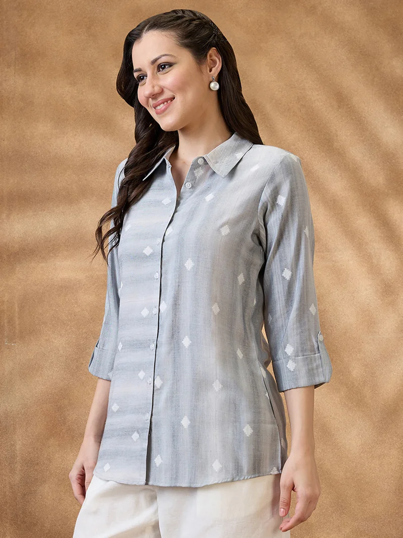 globus Women Grey Collar Neck Roll-Up Sleeves Geometric Woven Design Workwear Shirt Style Tunic