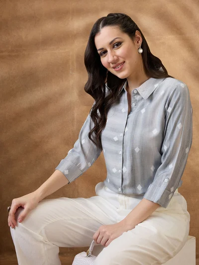 globus Women Grey Collar Neck Roll-Up Sleeves Geometric Woven Design Workwear Shirt Style Tunic